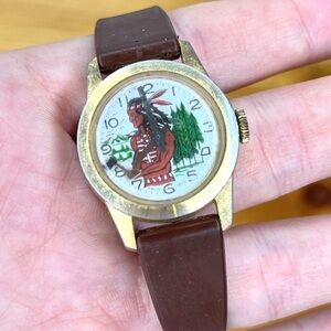 Vintage Native American Indian Hatchet Swiss Made Watch Brown Band 14 mm